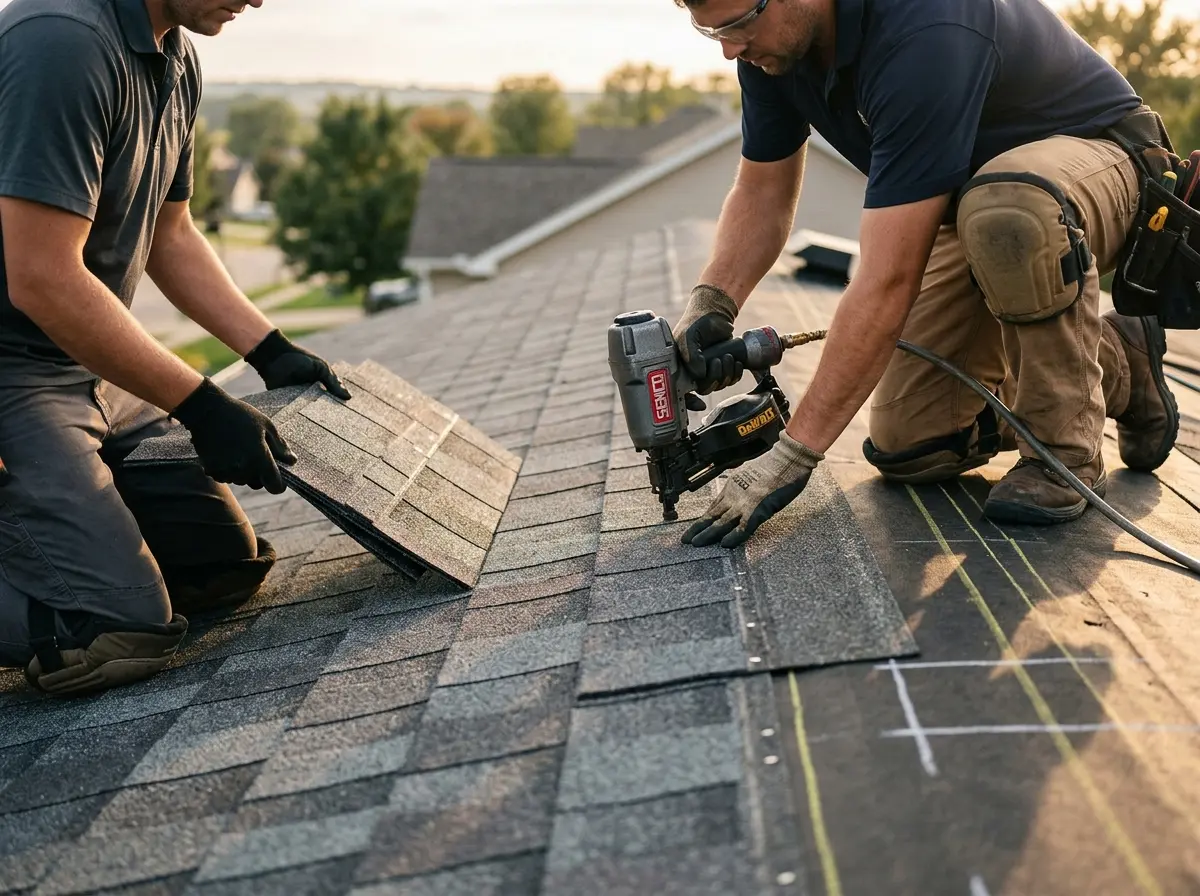 Professional roofer working on a residential roof in Uniontown